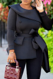 Black Street Solid Bandage Patchwork Buttons Asymmetrical Collar Long Sleeve Two Pieces