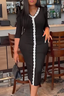 Black Celebrities Solid Lace Patchwork Slit V Neck Pencil Skirt Plus Size Dresses
