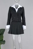 Black Elegant Solid Patchwork Buttons Pleated Turn-back Collar Long Sleeve Two Pieces