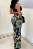 Black Casual Print Patchwork One Shoulder Sleeveless Two Pieces