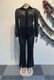 Black Sexy Party Elegant Tassel Sequins Turndown Collar Long Sleeve Two Pieces