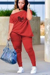 Red Casual Print Fold Letter Off the Shoulder Short Sleeve Two Pieces