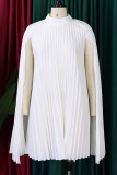 White Elegant Solid Patchwork Pleated Half A Turtleneck Straight Dresses