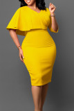Yellow Elegant Solid Patchwork Zipper V Neck Pencil Skirt Dresses