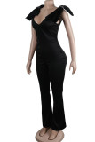 Black Daily Elegant Simplicity Solid Color With Bow V Neck Regular Jumpsuits