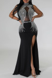 Black Sexy Party Elegant Formal Patchwork Slit Mesh Hot Drill Half A Turtleneck Asymmetrical Dresses