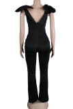 Black Daily Elegant Simplicity Solid Color With Bow V Neck Regular Jumpsuits