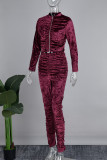 Burgundy Casual Solid Patchwork Fold Zipper O Neck Long Sleeve Two Pieces
