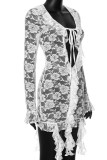 Black Sexy Solid Lace Tassel Bandage Patchwork Asymmetrical Collar Wrapped Skirt Dresses