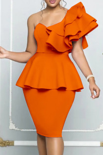 Orange Elegant Solid Patchwork Flounce Oblique Collar Evening Dress Dresses