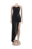 Black Sexy Solid Sequins Patchwork Backless Strapless Irregular Dress Plus Size Dresses