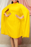 Yellow Elegant Solid Patchwork Pleated Half A Turtleneck Straight Dresses