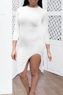 White Elegant Solid Patchwork O Neck Wrapped Skirt Dresses