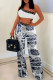 White Casual Print Patchwork One Shoulder Sleeveless Two Pieces