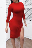 Red Elegant Solid Patchwork O Neck Wrapped Skirt Dresses