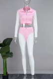 Pink Casual Solid Patchwork Zipper Turndown Collar Three Quarter Two Pieces