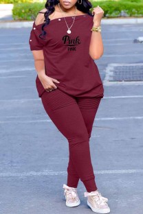 Burgundy Casual Print Fold Letter Off the Shoulder Short Sleeve Two Pieces