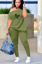 Army Green Casual Print Fold Letter Off the Shoulder Short Sleeve Two Pieces