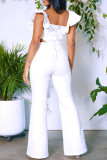 White Elegant Solid Patchwork Flounce Zipper Square Collar Regular Jumpsuits