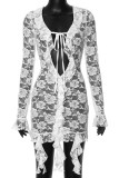 Black Sexy Solid Lace Tassel Bandage Patchwork Asymmetrical Collar Wrapped Skirt Dresses
