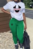 Green Casual Print Letter O Neck Short Sleeve Two Pieces