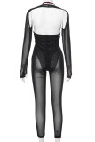 Black Red Street Hollowed Out Patchwork See-through Contrast Halter Skinny Jumpsuits
