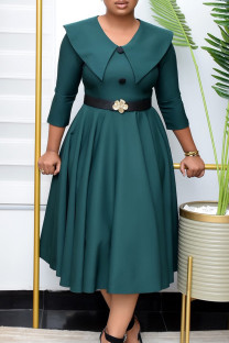 Green Elegant Solid Patchwork Buttons With Belt O Neck A Line Dresses