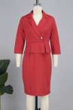 Red Casual Solid Patchwork Flounce Turndown Collar Wrapped Skirt Dresses