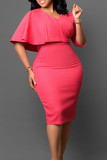 Pink Elegant Solid Patchwork Zipper V Neck Pencil Skirt Dresses
