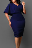 Deep Blue Elegant Solid Patchwork Zipper V Neck Pencil Skirt Dresses