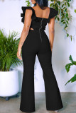 Black Elegant Solid Patchwork Flounce Zipper Square Collar Regular Jumpsuits