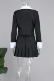 Pink Elegant Solid Patchwork Buttons Pleated Turn-back Collar Long Sleeve Two Pieces