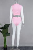 Pink Casual Solid Patchwork Zipper Turndown Collar Three Quarter Two Pieces