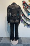Black Sexy Party Elegant Tassel Sequins Turndown Collar Long Sleeve Two Pieces