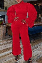 Red Casual Sweet Daily Elegant Simplicity Turtleneck Regular Jumpsuits