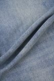 Light Blue Casual Solid Ripped Patchwork Pocket Buttons Zipper Mid Waist Regular Denim Jeans