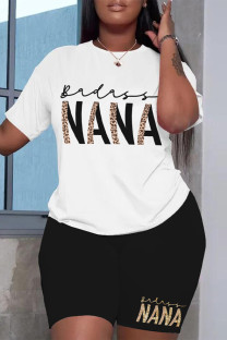White Casual Letter Printing O Neck Plus Size Two Pieces