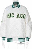 White Vintage Letter Embroidered Mandarin Collar Outerwear