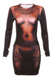 Brown Street Print Patchwork O Neck Printed Dress Dresses