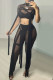 Black Fashion Sexy Solid Patchwork See-through Turtleneck Short Sleeve Two Pieces