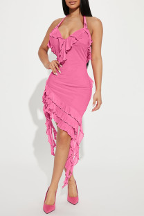 Pink Sexy Solid Tassel Patchwork Flounce Halter Wrapped Skirt Dresses