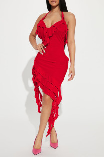 Red Sexy Solid Tassel Patchwork Flounce Halter Wrapped Skirt Dresses