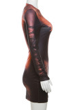 Brown Street Print Patchwork O Neck Printed Dress Dresses