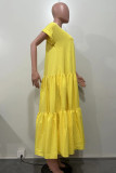 Yellow Sweet Solid Patchwork V Neck Long Dress Dresses