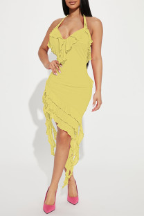 Lemon Yellow Sexy Solid Tassel Patchwork Flounce Halter Wrapped Skirt Dresses