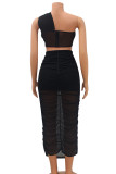 Black Sexy Solid Patchwork Fold Mesh One Shoulder Sleeveless Two Pieces