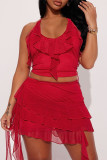 Rose Red Sexy Solid Tassel Patchwork Flounce Halter Sleeveless Two Pieces