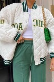 White Vintage Letter Embroidered Mandarin Collar Outerwear