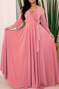 Pink Elegant Solid Bandage Patchwork V Neck A Line Dresses