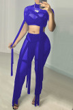 Blue Fashion Sexy Solid Patchwork See-through Turtleneck Short Sleeve Two Pieces